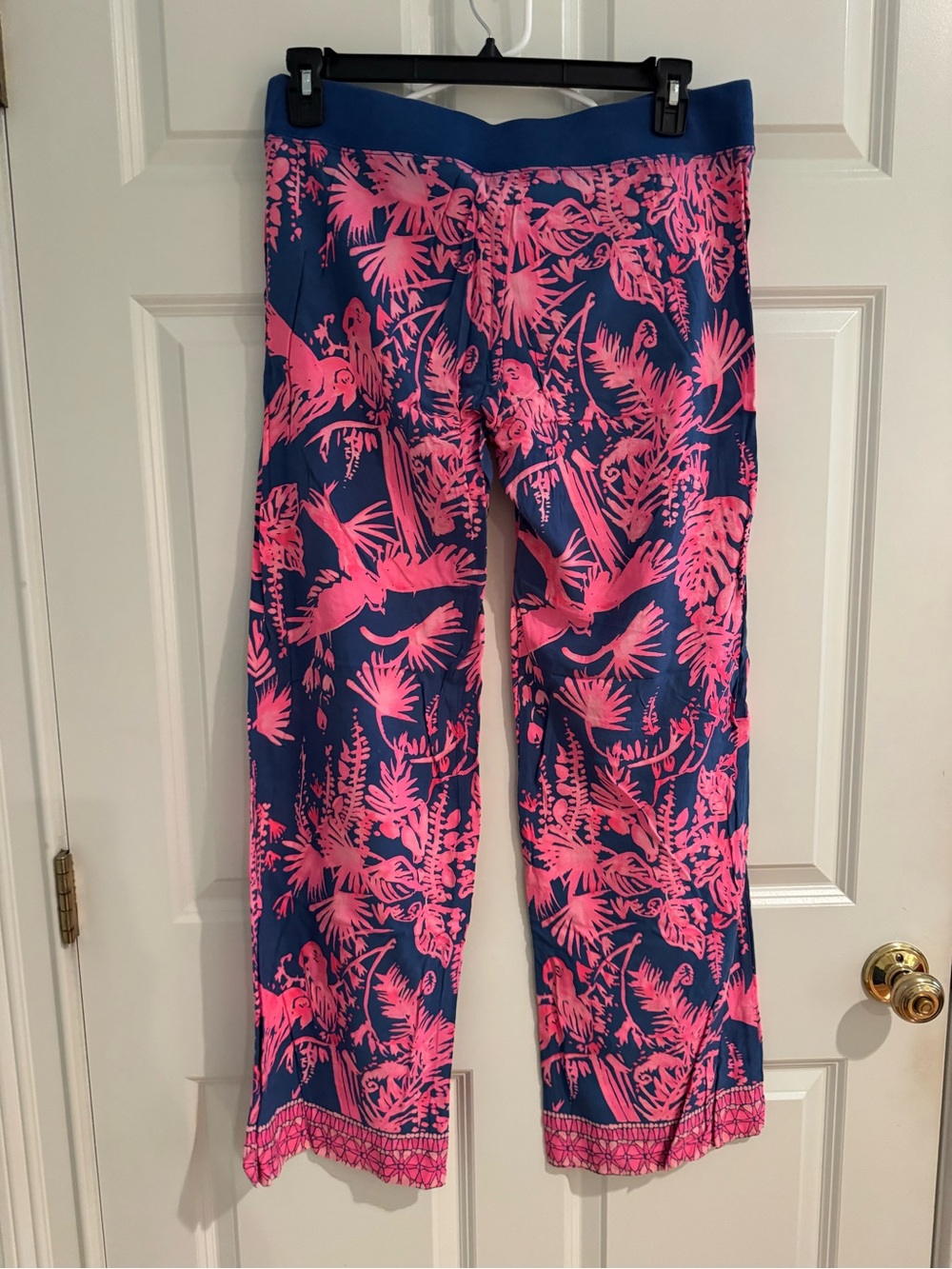 Navy and Hot Pink Tropical Print Wide-Leg Pants - Picture 3 of 6